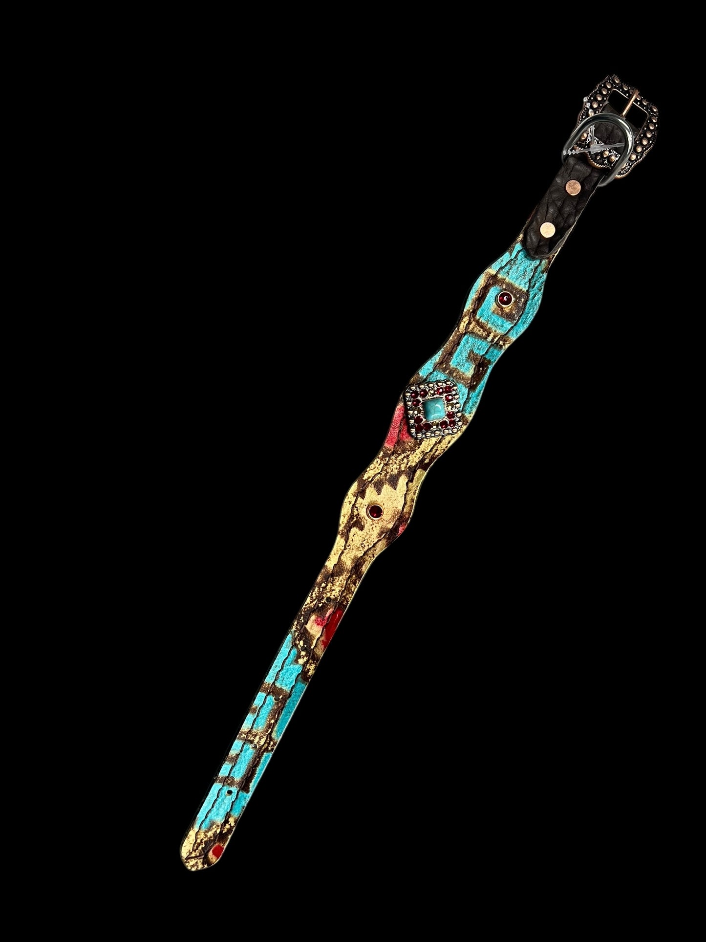 Tan, red, and turquoise Taos on dark leather