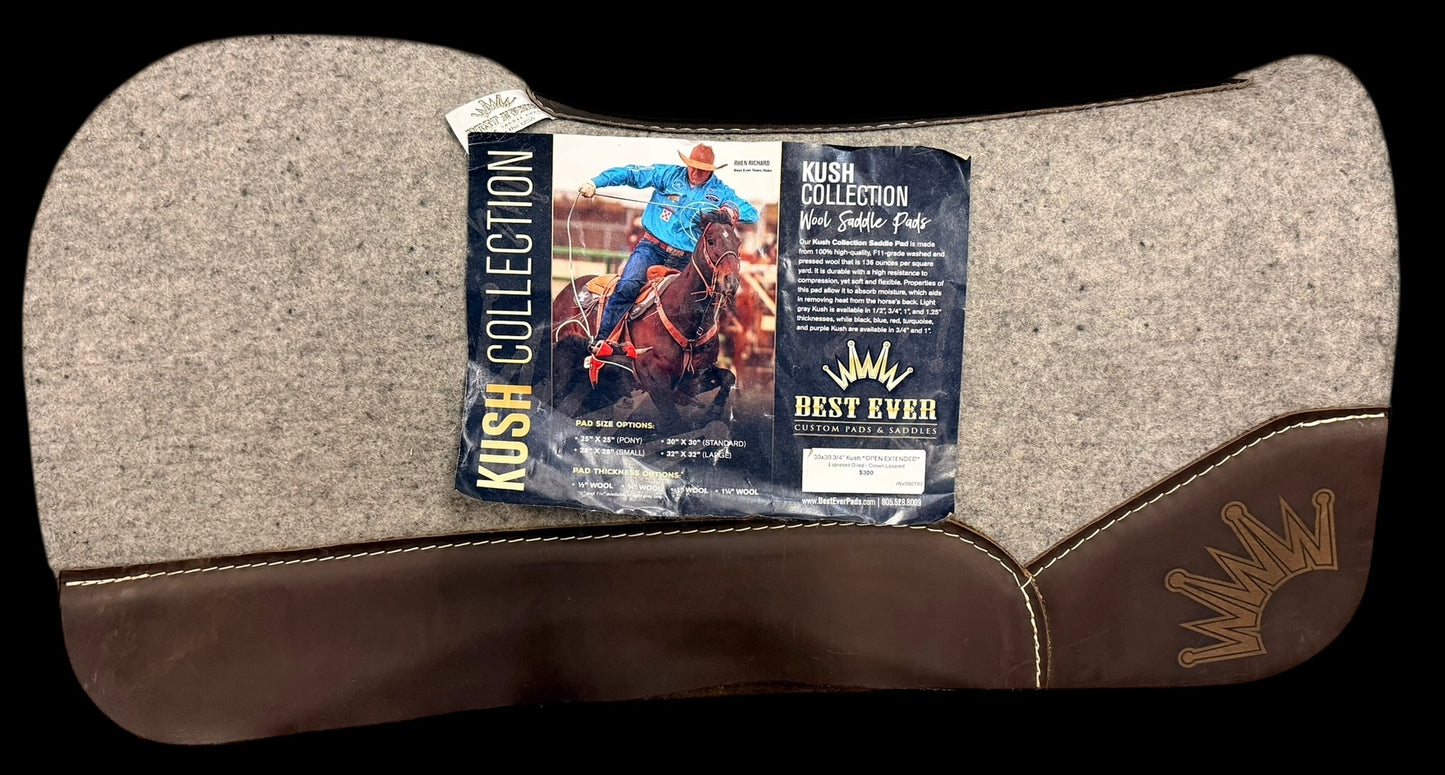 30X30" 3/4" Kush Open Extended Expresso Oiled Crown Lasered Best Ever Saddle Pad