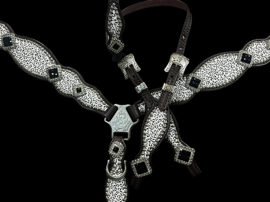 Snow leopard on dark leather