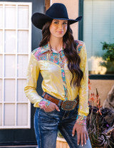 Pullover Button Up (Yellow Foil Metallic With Colorful Paisley Accents Lightweight Stretch Jersey) by Cowgirl Tuff