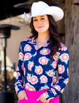 Pullover Button Up (Blue With Pink Floral Print Lightweight Stretch Jersey) by Cowgirl Tuff