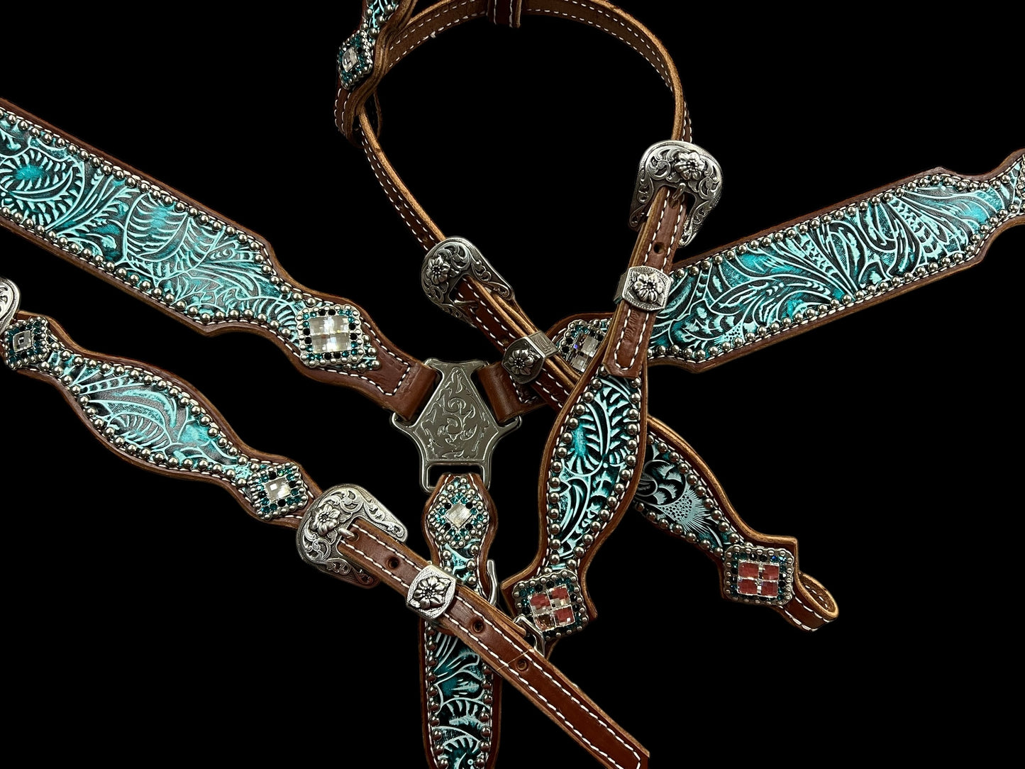 Teal and black floral on medium leather