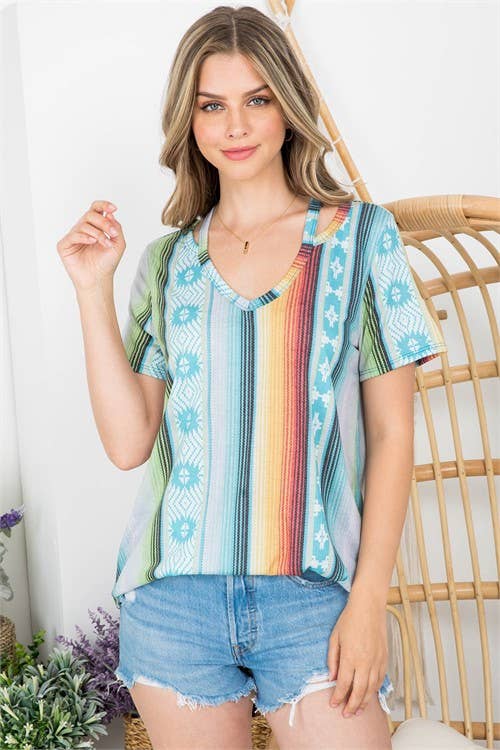 MARISA SOUTHWEST PRINT V-NECK DETAIL TOp