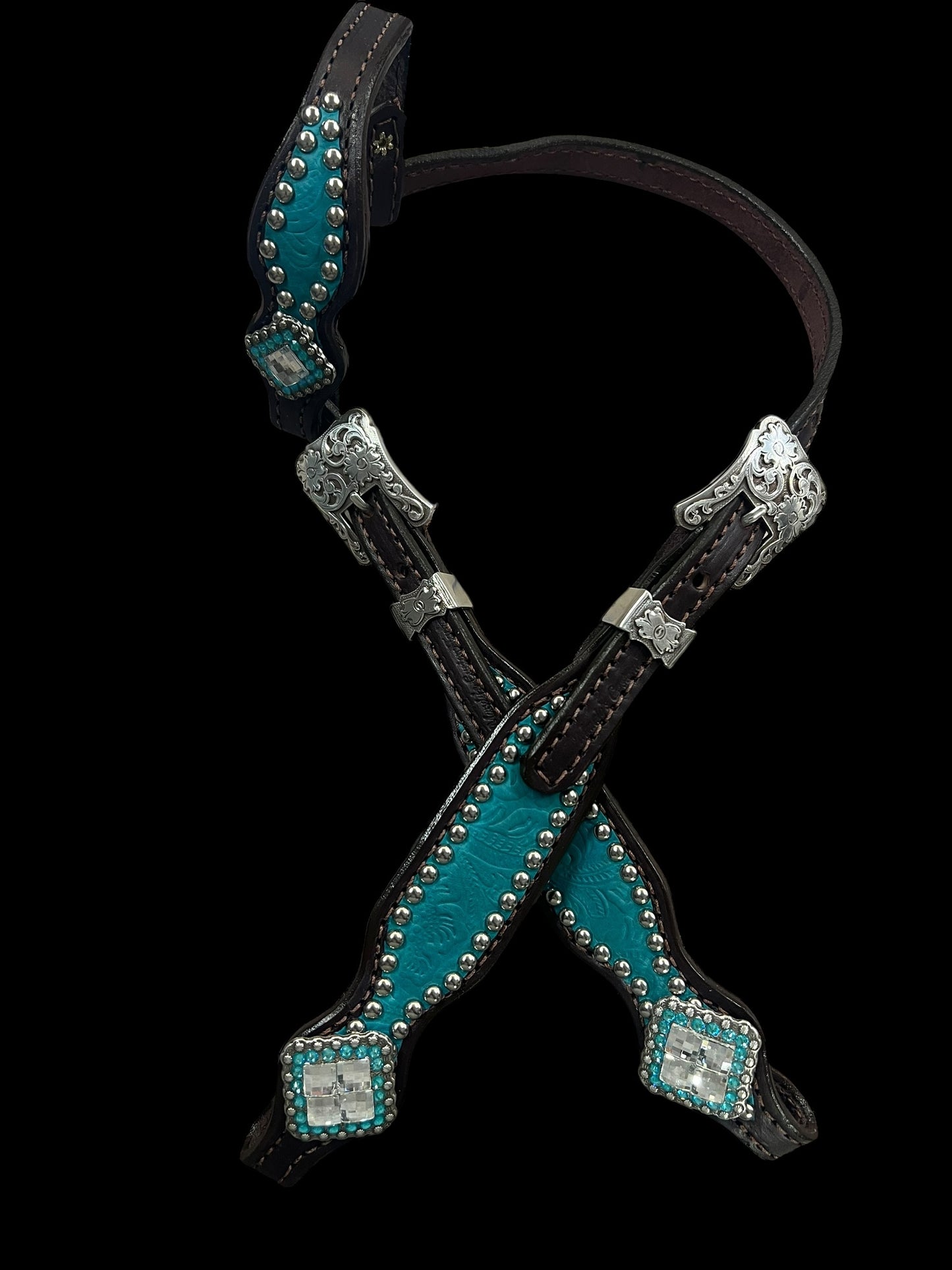 New Teal floral on dark leather