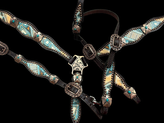 Orange and turquoise navajo on dark leather