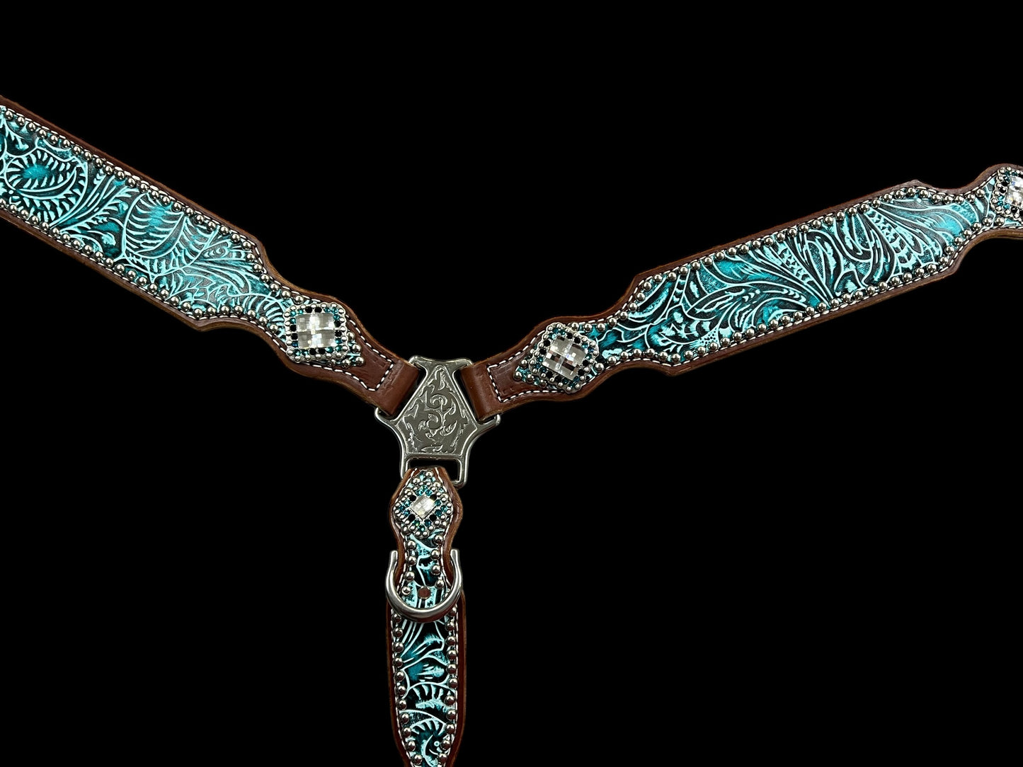 Teal and black floral on medium leather
