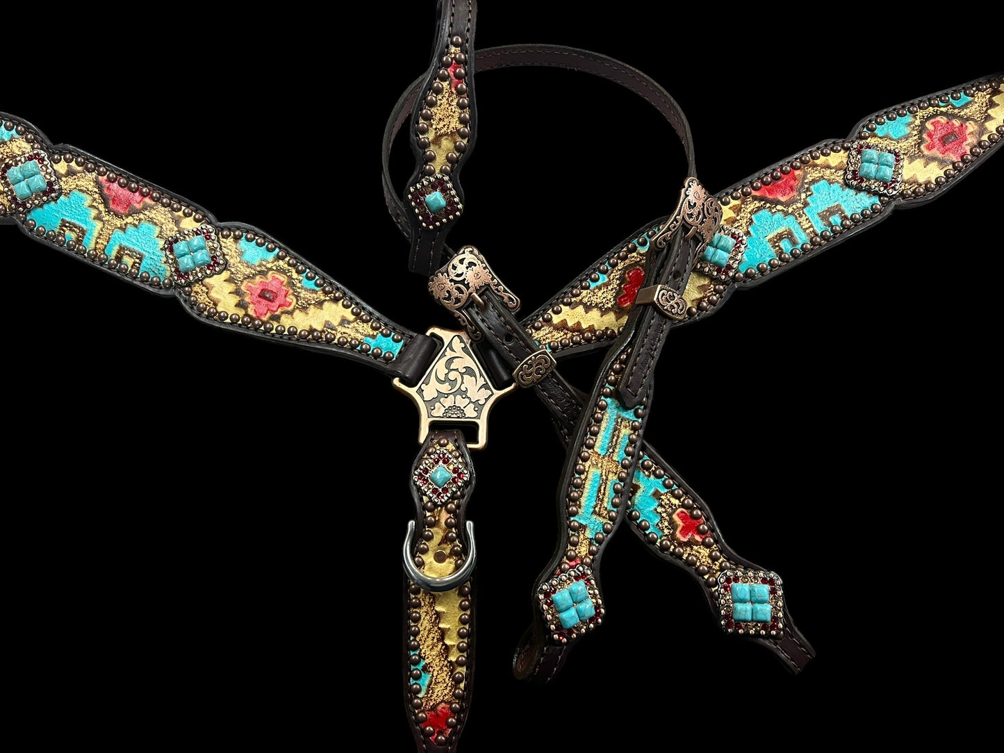 Tan, red, and turquoise Taos on dark leather