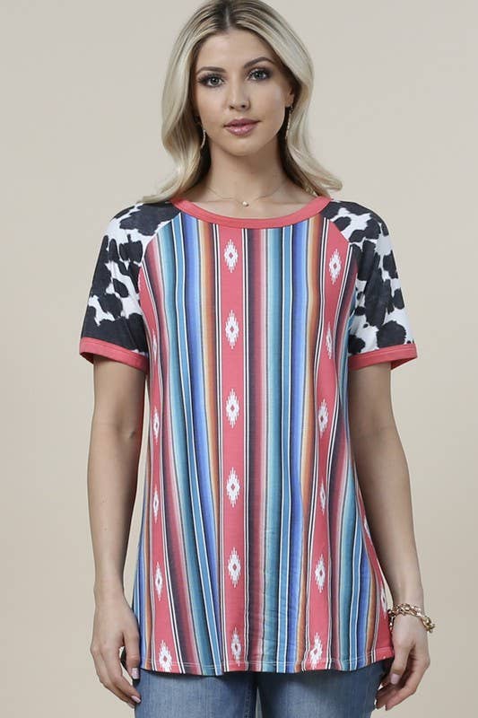 BECCA AZTEC/COW PRINT SHORT SLEEVE TOP