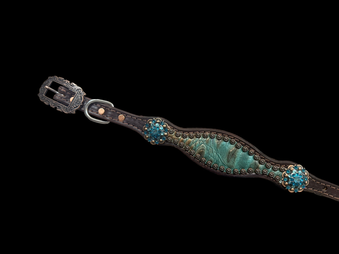 Brown and teal gator on dark leather