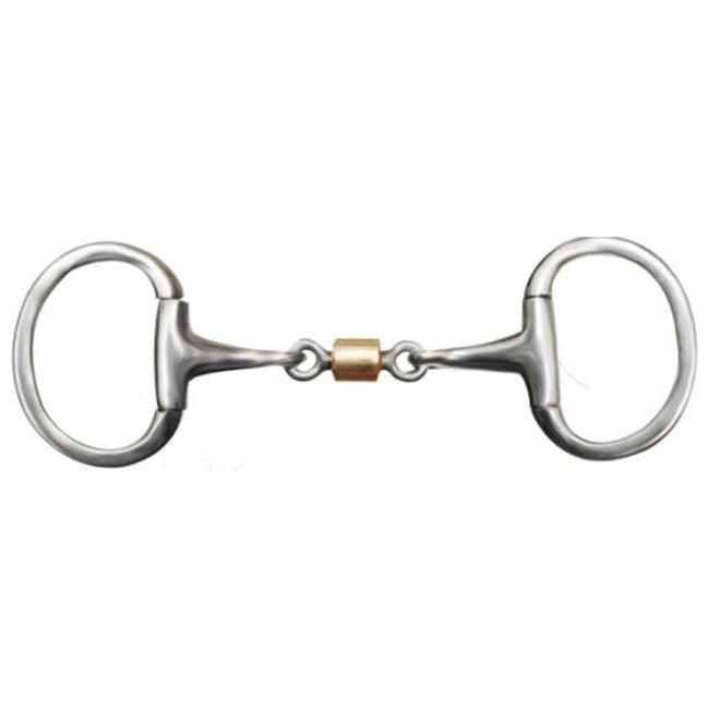 Showman eggbutt style bit with 3" ring cheeks. Stainless steel 5" mouth piece with sliding copper roller dog bone