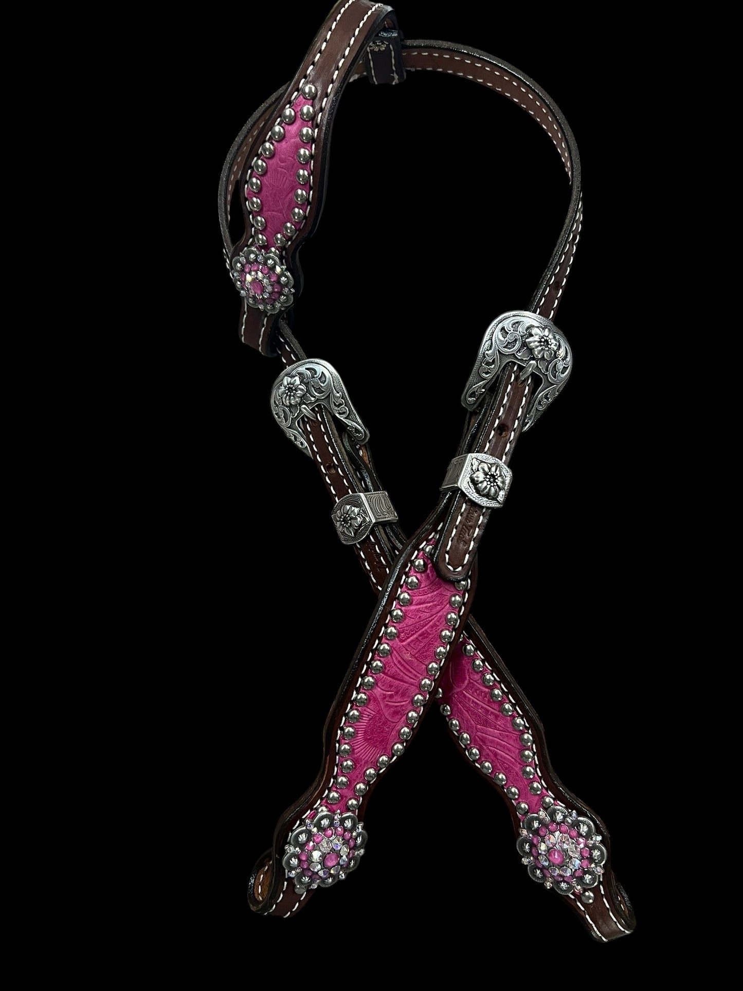 Pink Dallas Floral on walnut leather