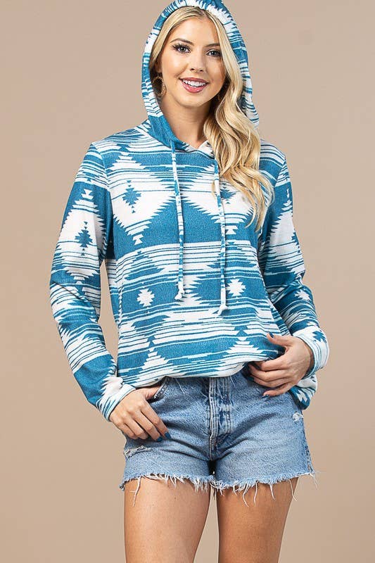 FINLEY GEO PRINT ULTRA SOFT HACCI HOODIE: TURQUOISE