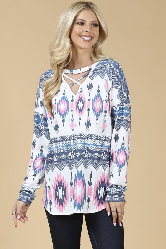 CHANTAL AZTEC PRINT CROSS V NECK TOP