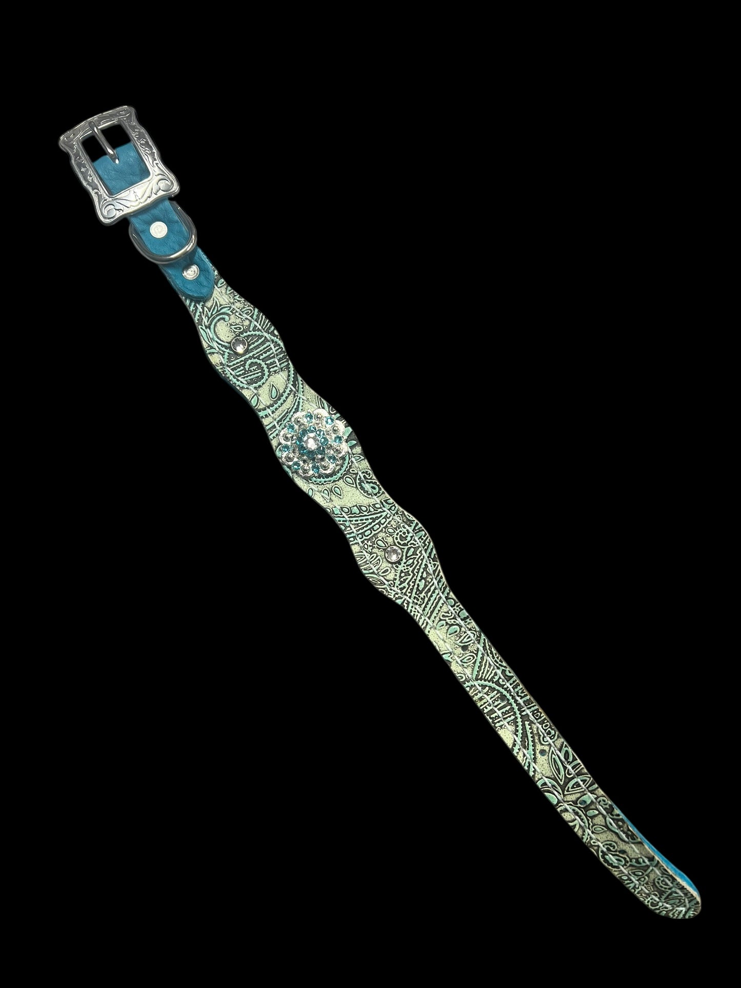 Turquoise and mint paisley on dark leather