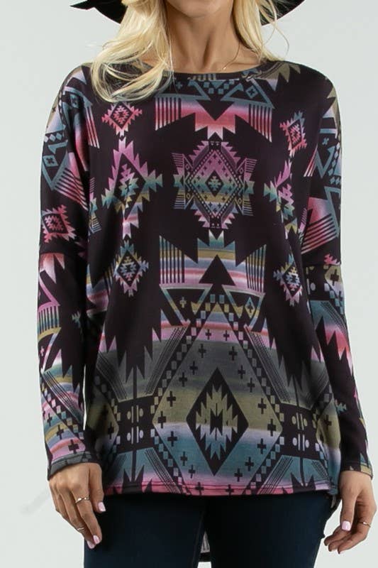 NIKKI GEO MULTI COLORED PRINT DOLMAN SLEEVE TOP: