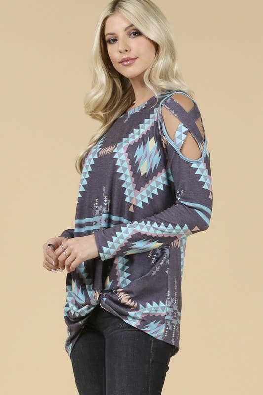 HEIDI Aztec print cold shoulder side twist knit top