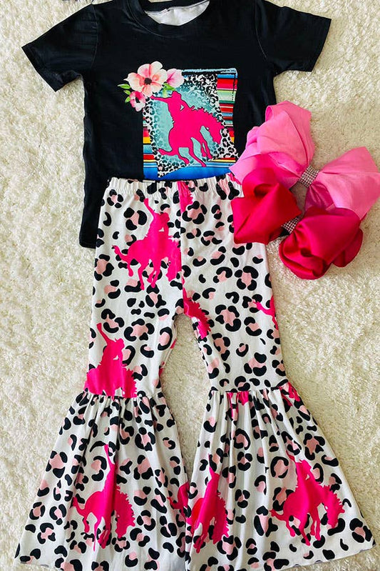 Riding horse black top leopard bell bottom girls set