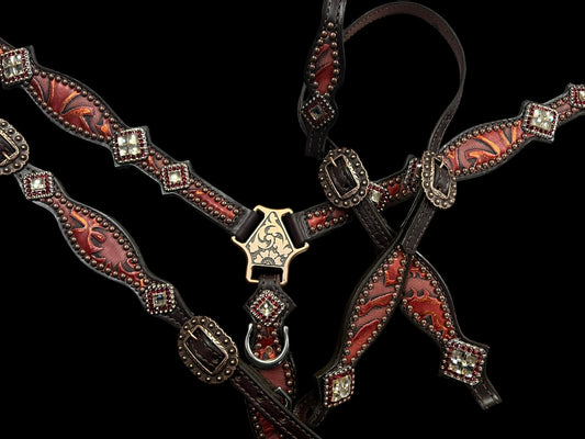 Red and copper Laredo on dark leather