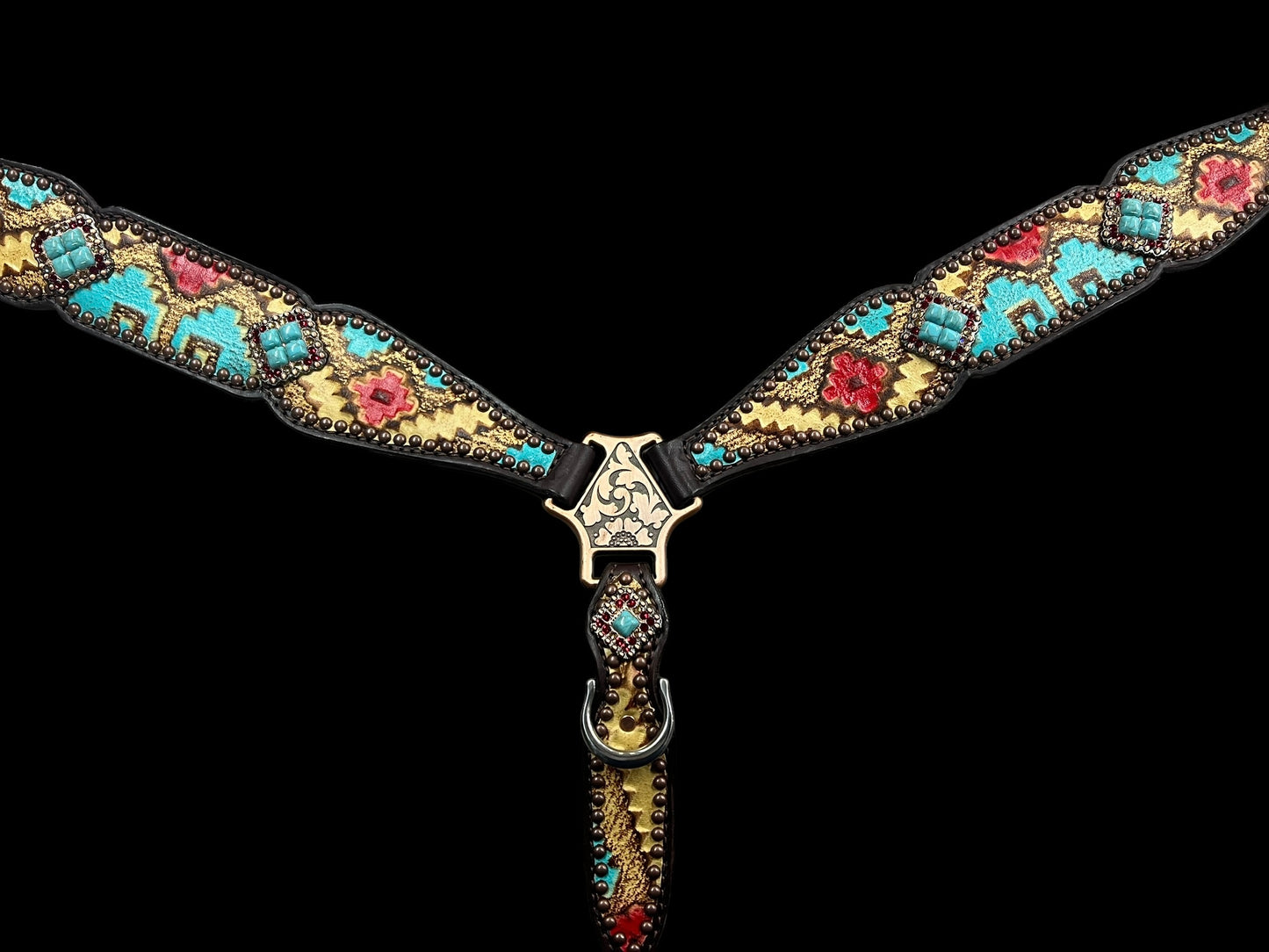 Tan, red, and turquoise Taos on dark leather