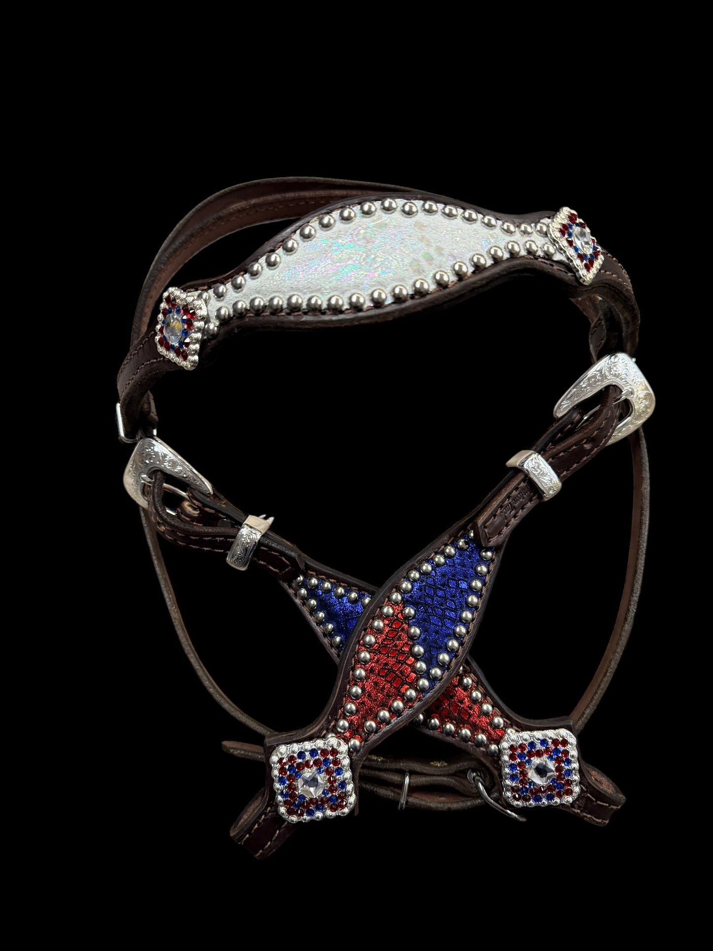 Red, white, and blue mystic on dark
