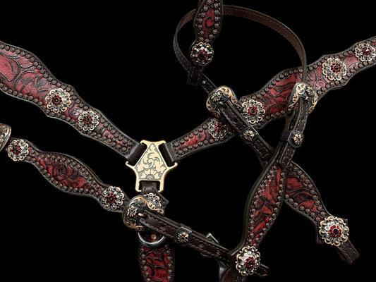 Red roses on dark leather