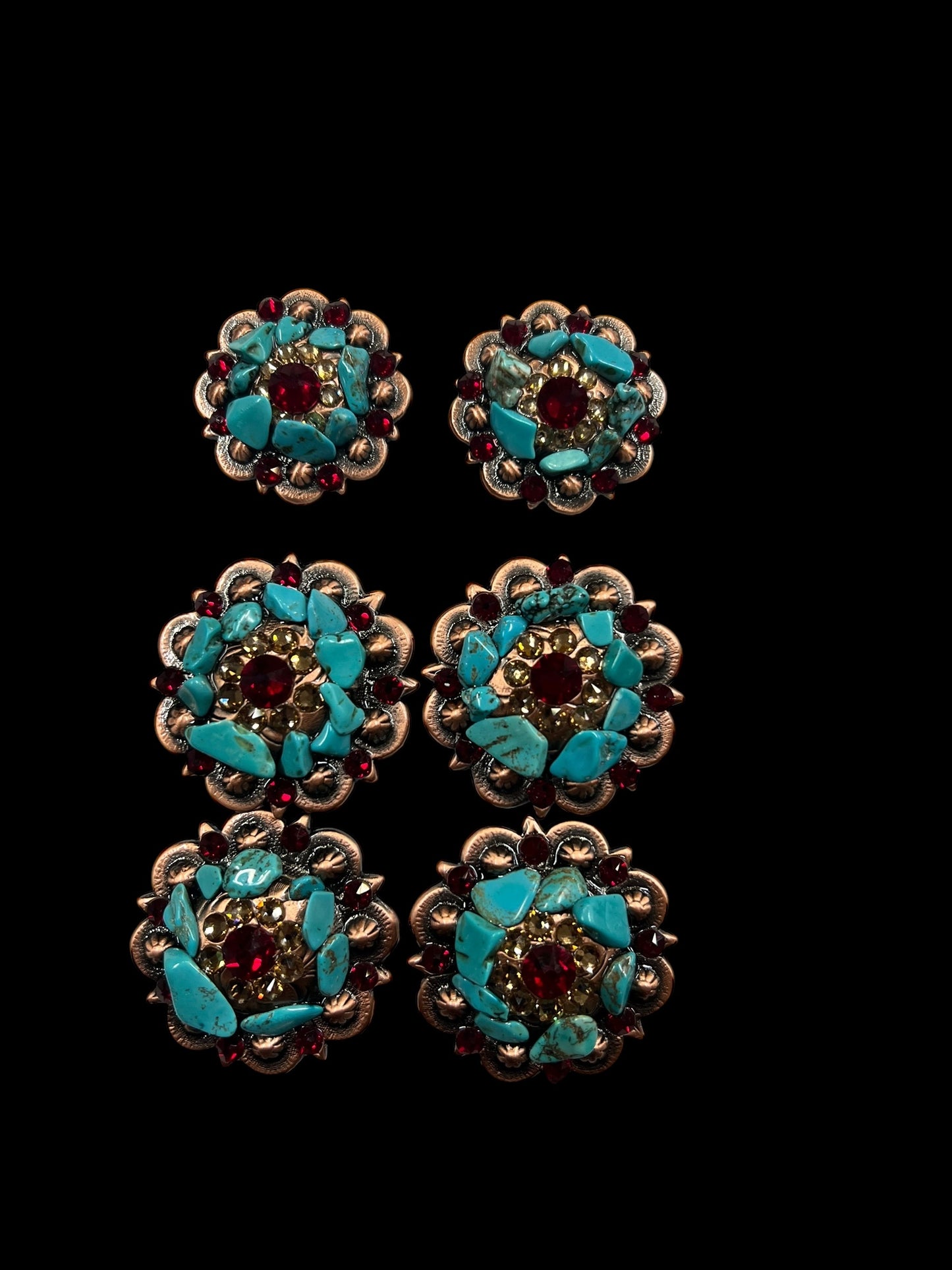 Tan, red, and turquoise Taos on dark leather