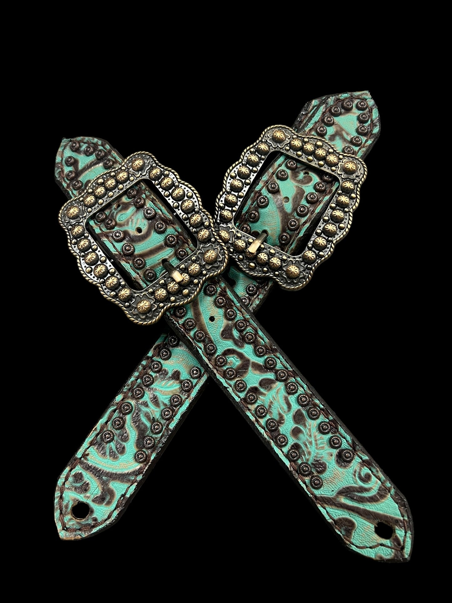 mint and brown floral on dark leather