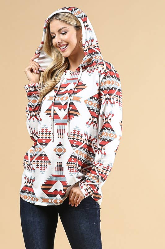 LAUREN AZTEC PRINT ULTRA SOFT HACCI HOODIE: MUSTARD