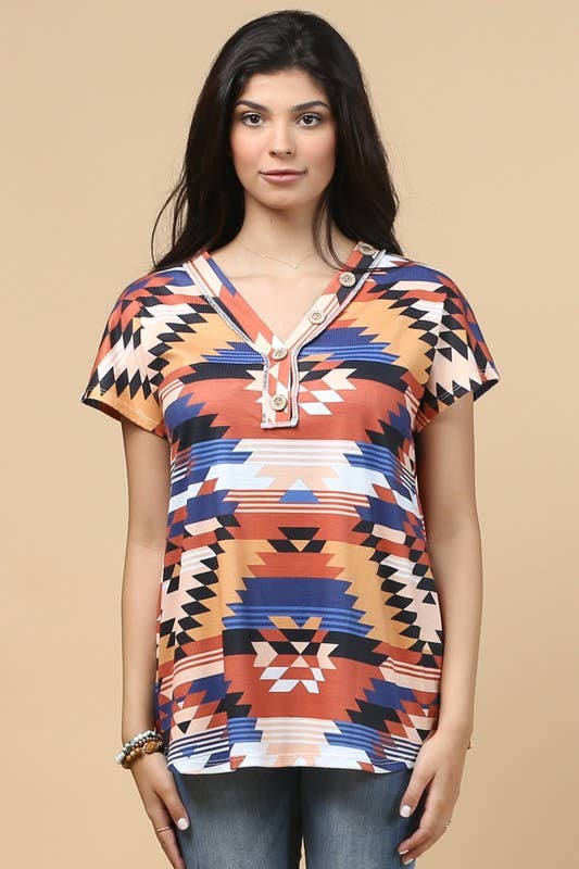 LEXY AZTEC PRINT BUTTON DETAIL V NECK THERMAL TOP