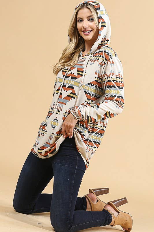 LAUREN AZTEC PRINT ULTRA SOFT HACCI HOODIE: MUSTARD
