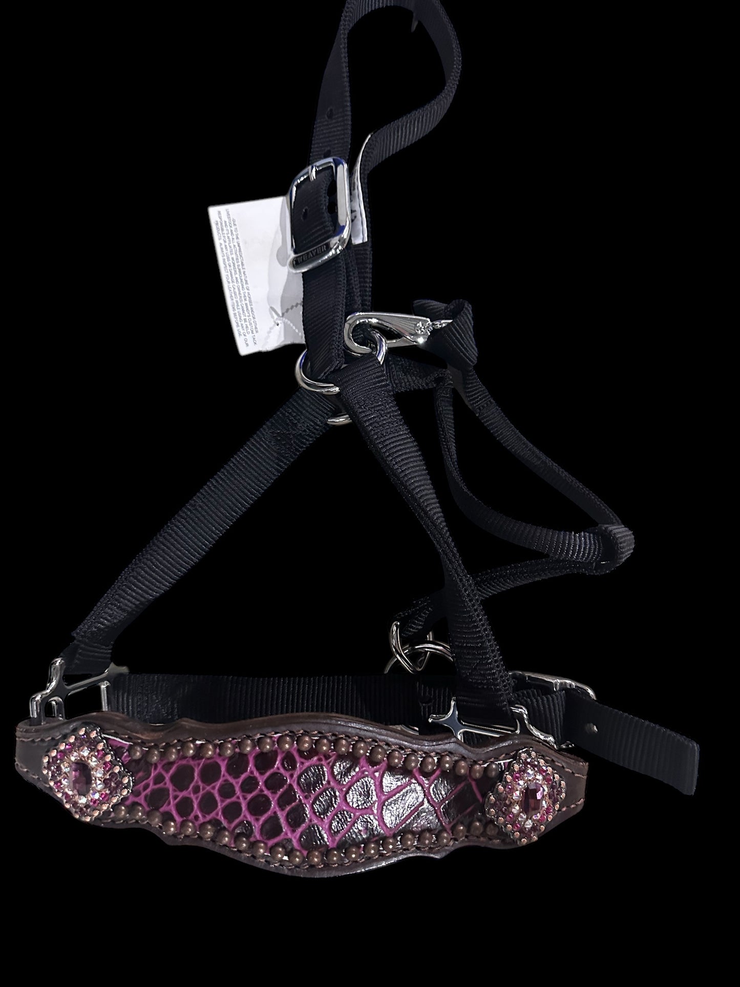 Fuchsia gator on dark leather