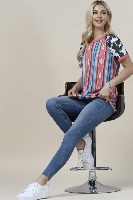 BECCA AZTEC/COW PRINT SHORT SLEEVE TOP
