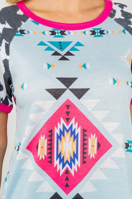 CINDY AZTEC-COW PRINT COLOR BLOCK SS TEE