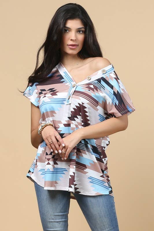 LEXY AZTEC PRINT BUTTON DETAIL V NECK THERMAL TOP