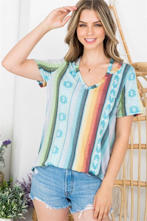 MARISA SOUTHWEST PRINT V-NECK DETAIL TOp