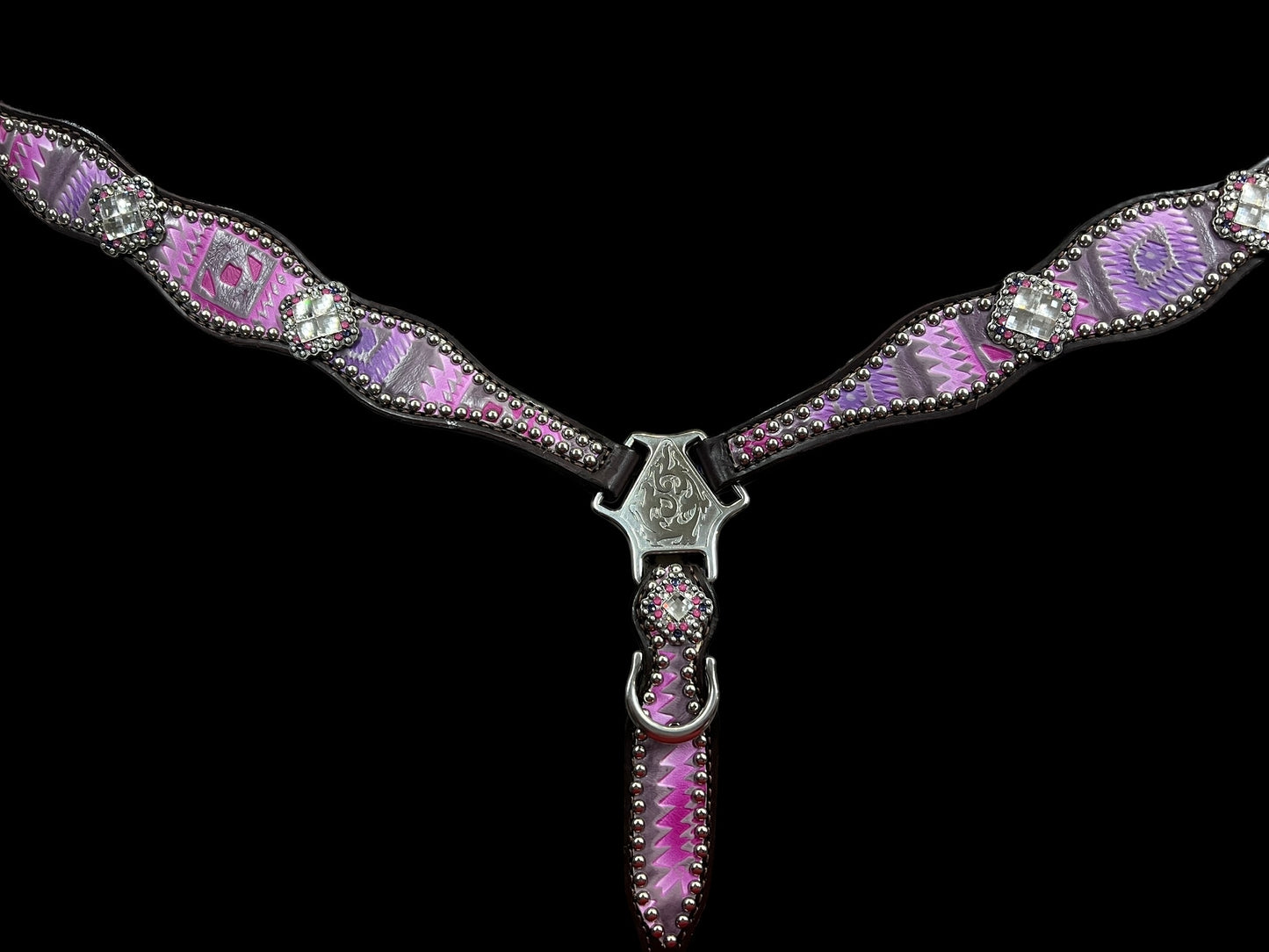 Light pink and purple Aztec on chocolate leather