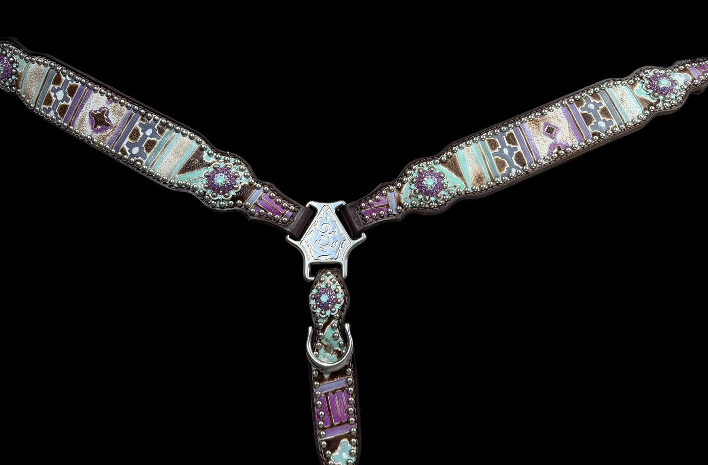 Mint and purple Navajo on dark leather