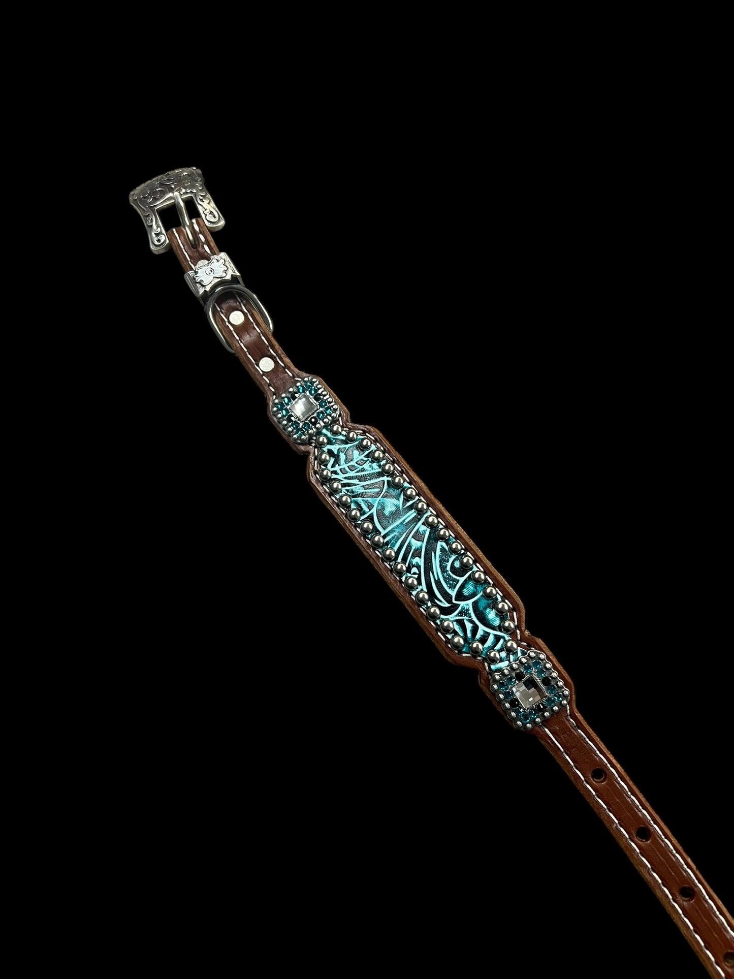 Teal and black floral on medium leather