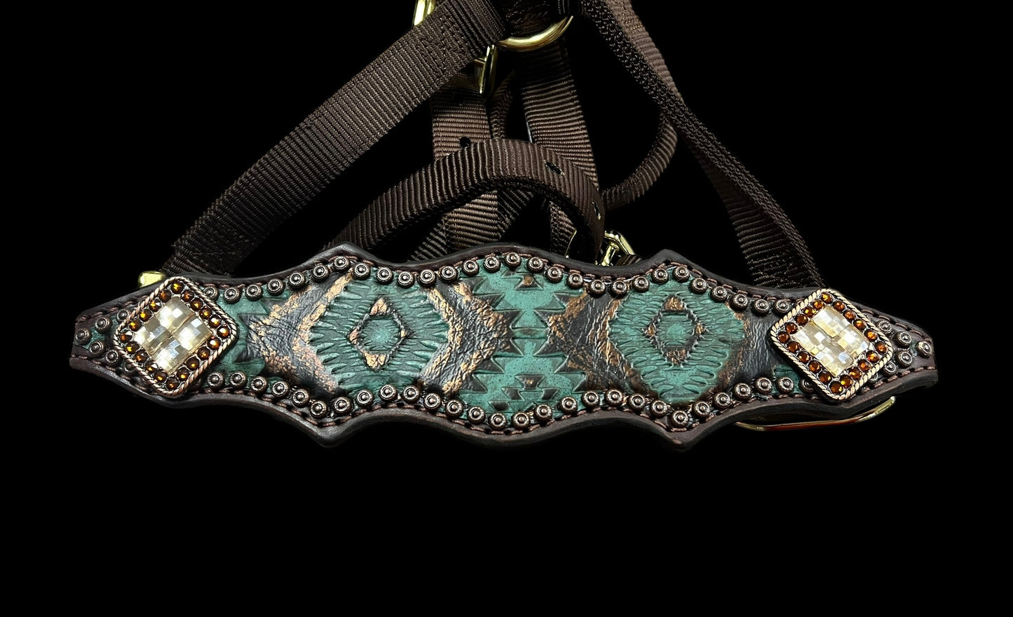 Teal and brown aztec on dark leather