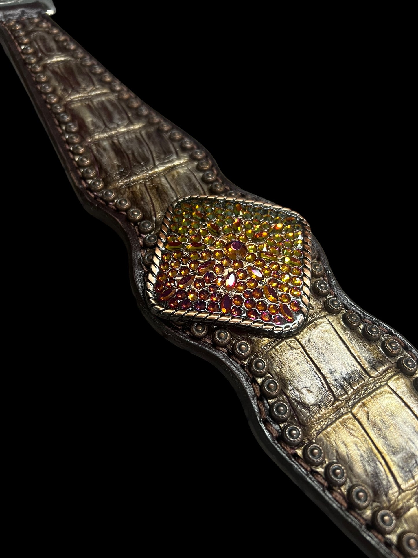 Genuine "oil slick" alligator on walnut leather