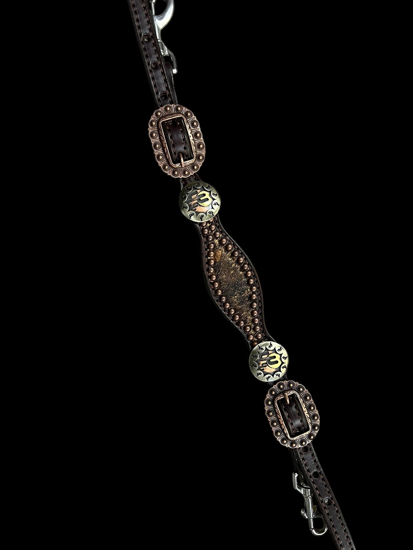 copper and brown acid washed on dark leather