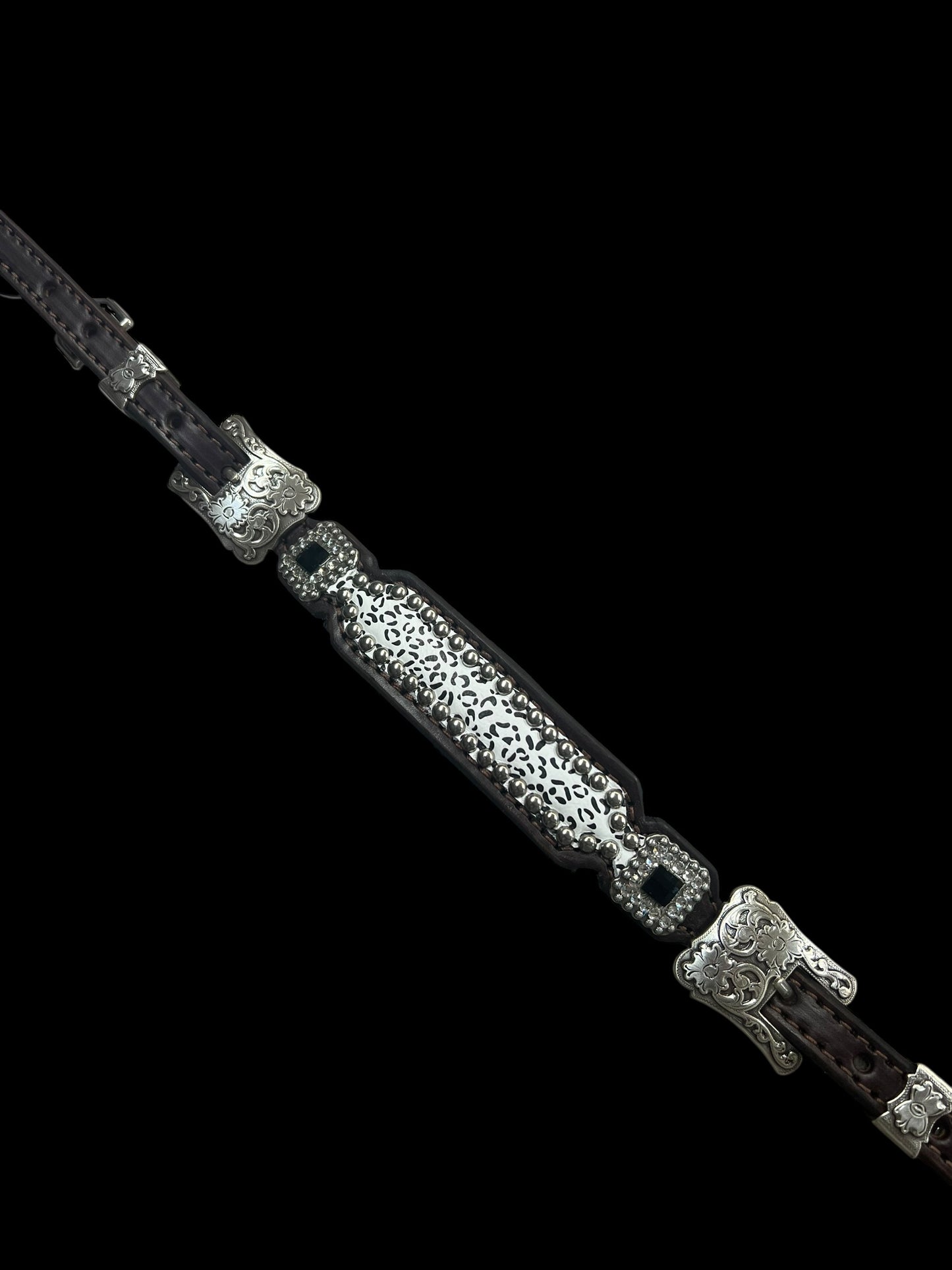 Snow leopard on dark leather