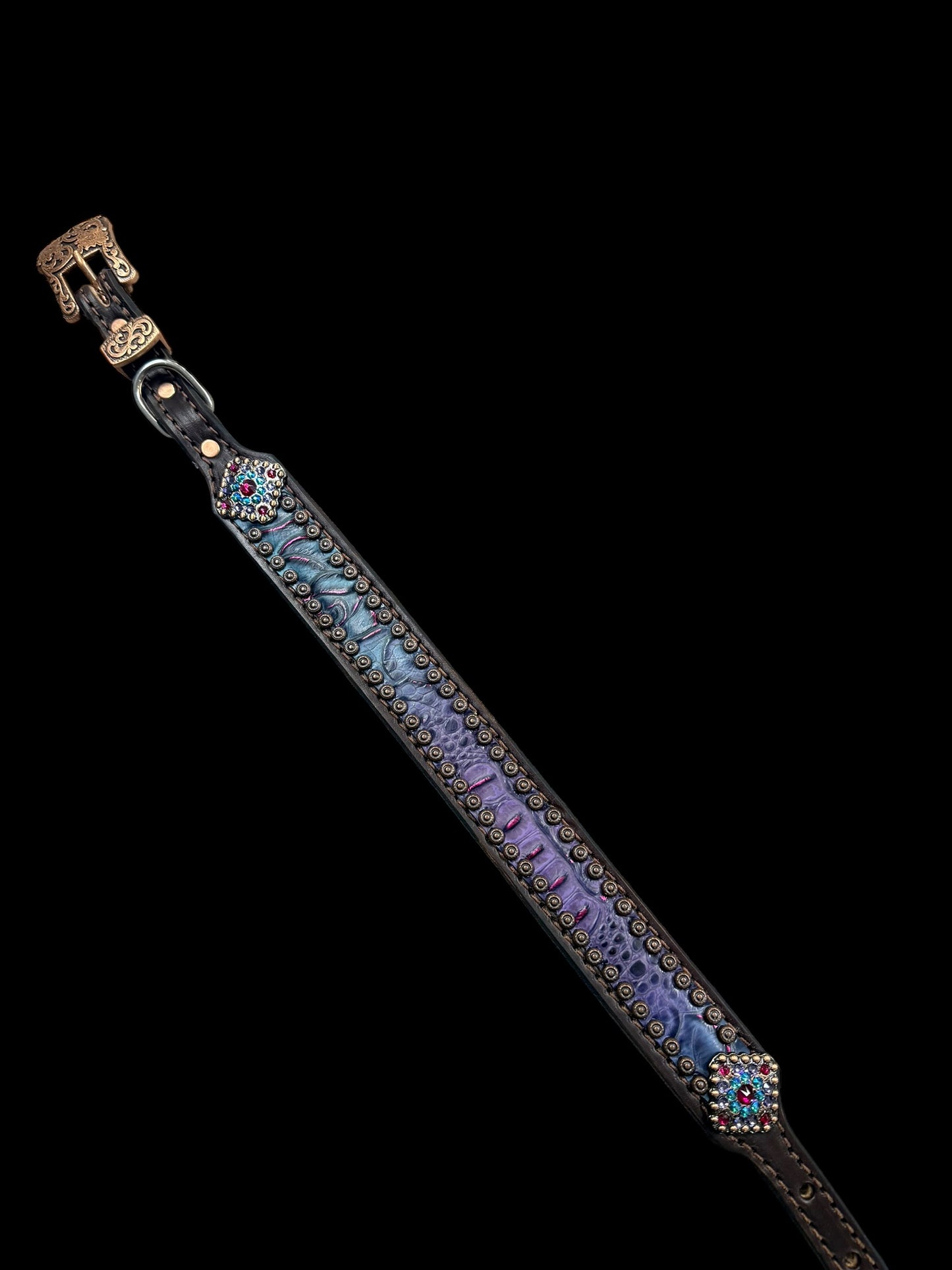 Purple and teal with pink gator and floral on dark leather