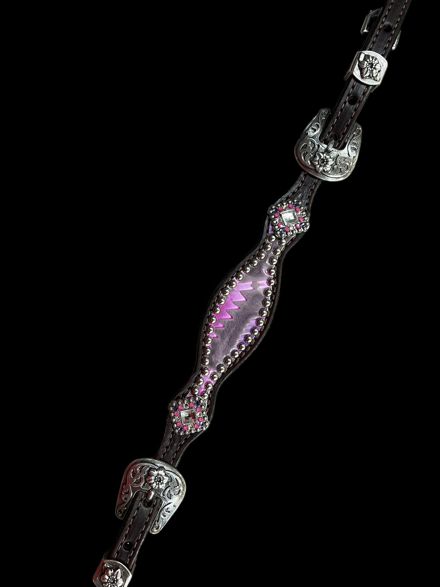 Light pink and purple Aztec on chocolate leather