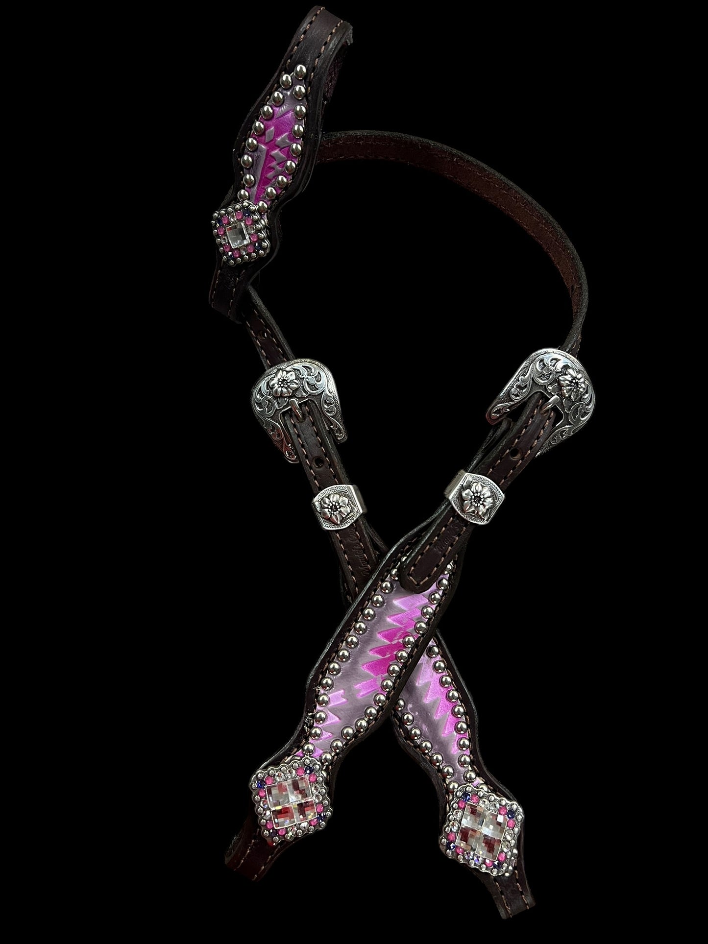 Light pink and purple Aztec on chocolate leather