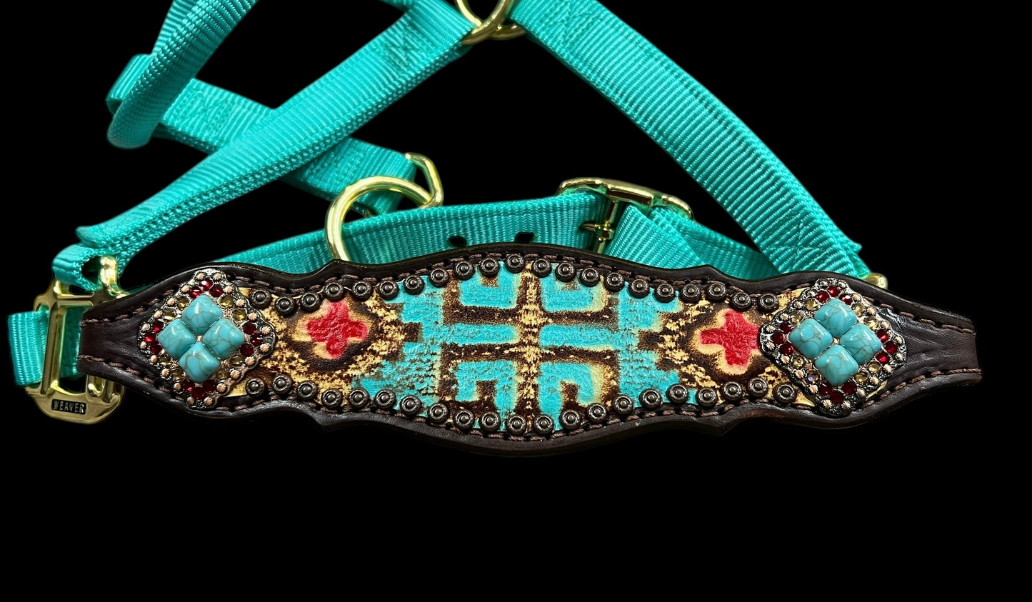 Tan, red, and turquoise Taos on dark leather