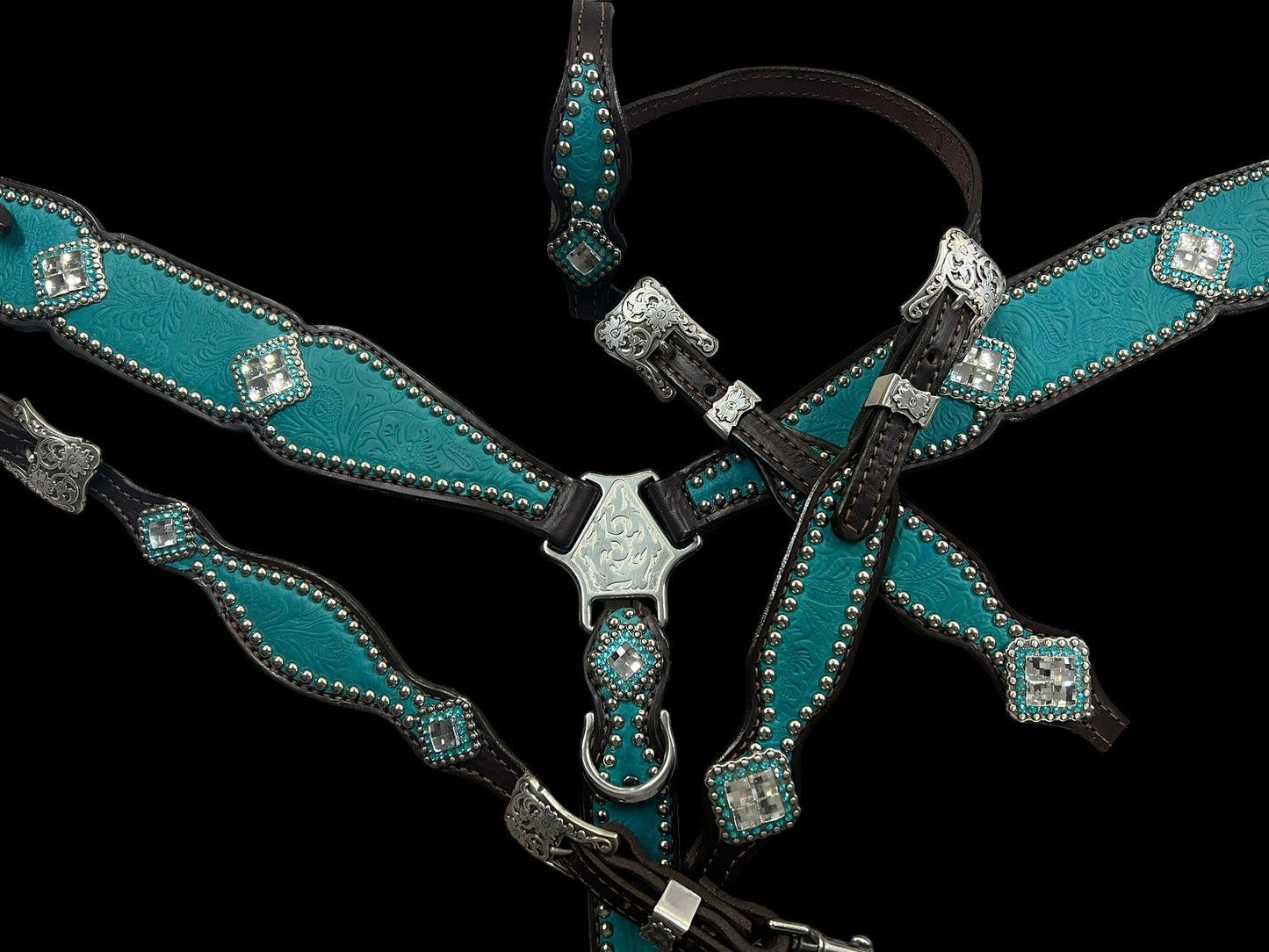 New Teal floral on dark leather