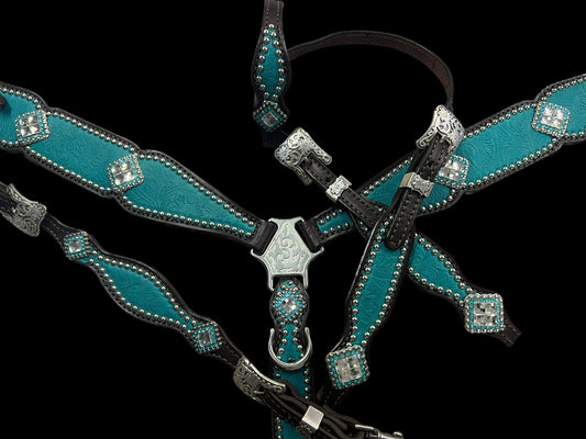 New Teal floral on dark leather