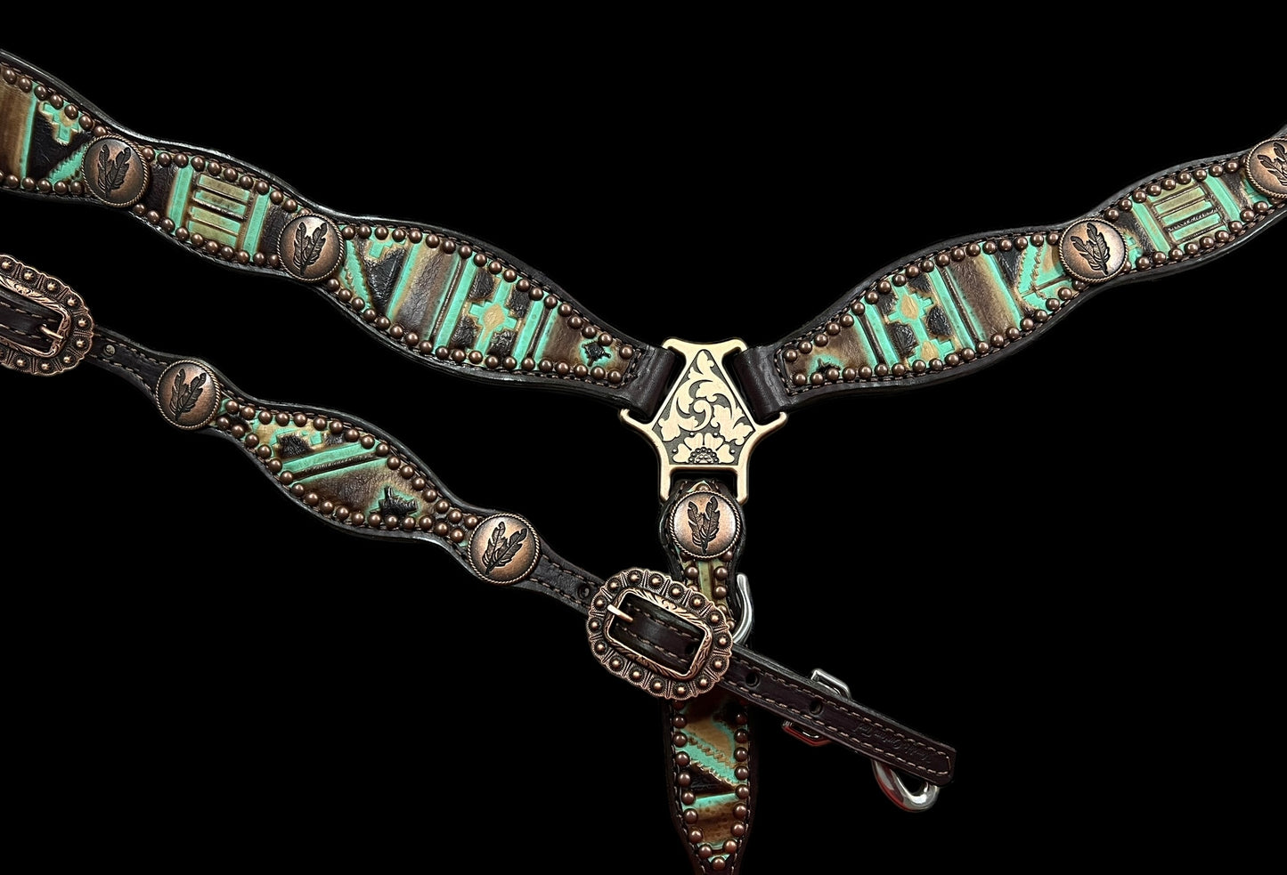 Mint and brown Navajo on dark leather