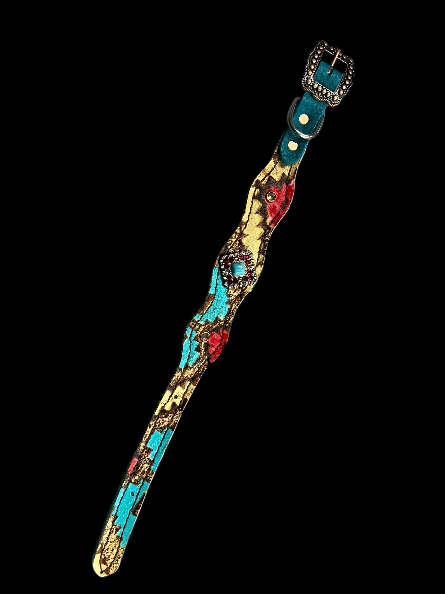 Tan, red, and turquoise Taos on dark leather